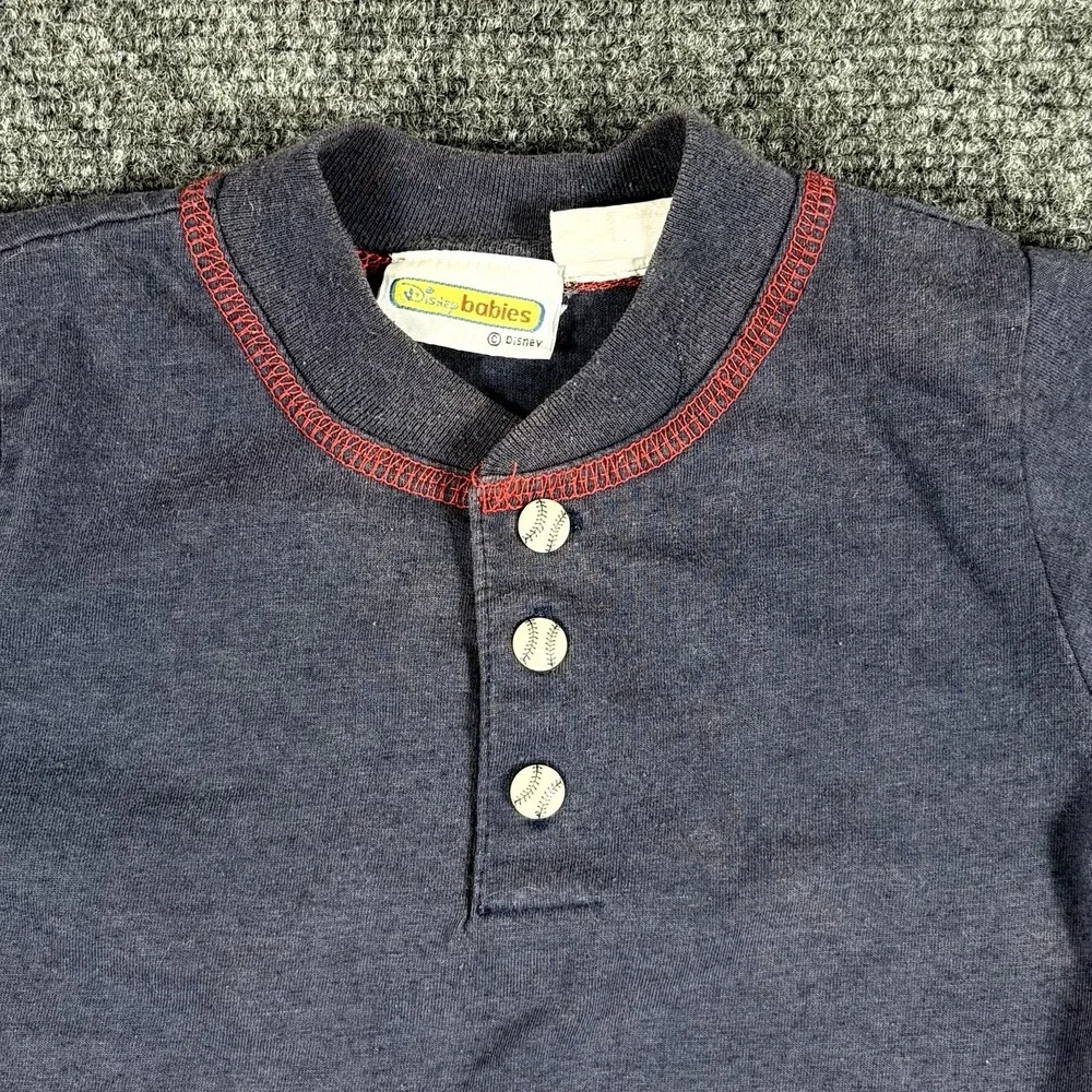 Vintage Y2K Disney Baby Shirt Boys 18M Blue Baseball Tee Baseball Buttons Faded‎